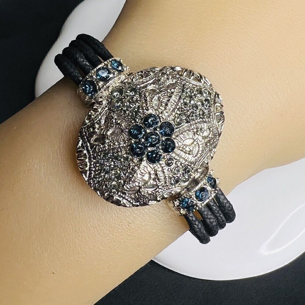 Cookie Lee Women's Bracelet Black  Cord Silver Tone Crystals Toggle Clasp 1432